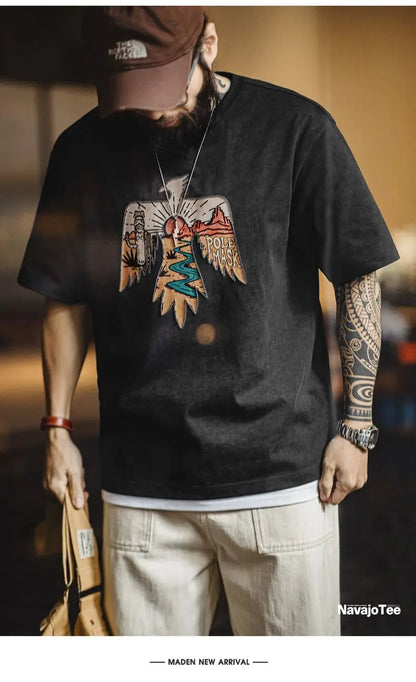 Vintage Style Thunderbird Print T-Shirt Men's Summer Heavyweight Embroidered Short Sleeve Tee Navajo Crew Neck Street Tops