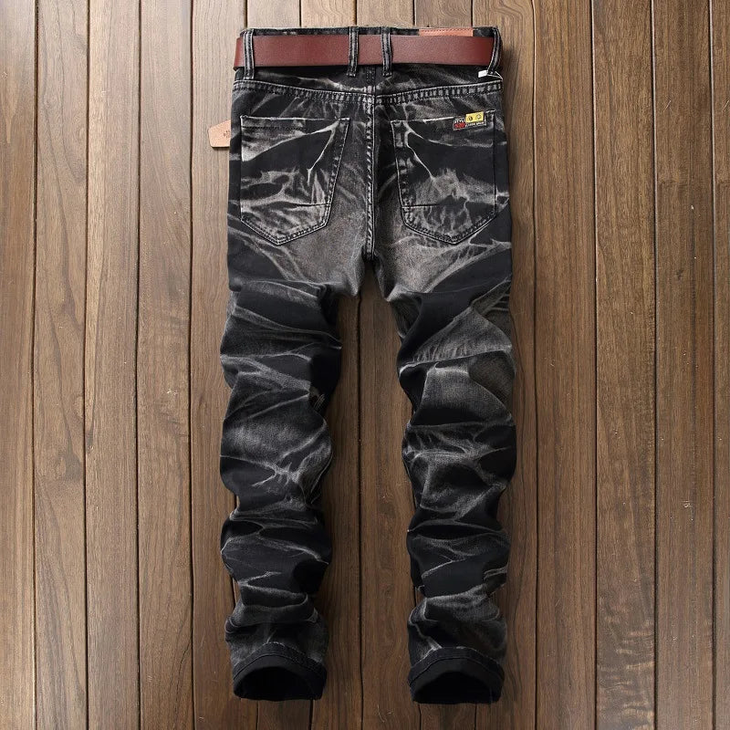 2026 Men's Fashion Vintage Jeans Slim Straight Leg Tie Dye Pleated Biker Denim Pants Male Casual Pants Oversized 42 High Quality