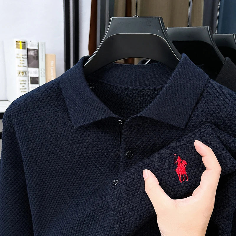 High-end Quality Men's Casual Outdoor Pineapple Pattern Knitted Long-sleeve Polo Shirt (eco-cotton, No Shrinkage No Deformation)