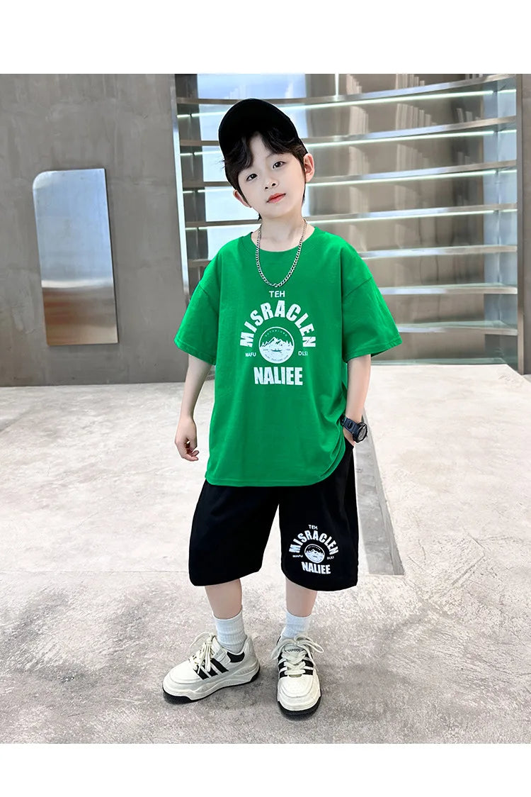 Summer Boys Cotton Leisure Print T-Shirt Top+Shorts Pant Contrast Set School Kids 2PCS Tracksuit Children Vacation Outfit 5-16Yr