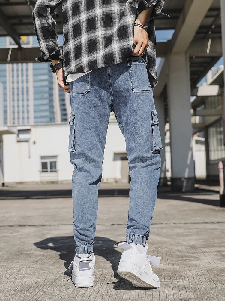 Men's Jogger Jeans Washed Cotton Slight Stretch Multi-Pockets Denim Cargo Pants Asian Size L-6XL