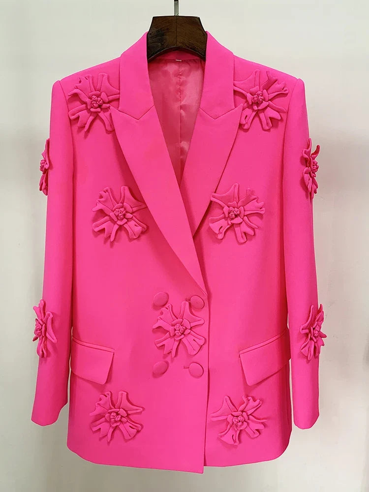 HIGH STREET Newest 2026 Fashion Designer Jacket Women's Stereoscopic Flowers Appliques Double Breasted Long Blazer