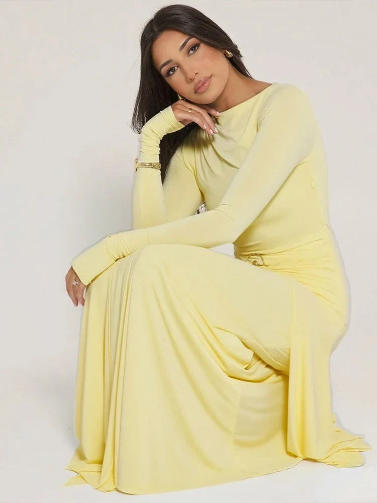 Ruched Elegant Maxi Dress Women Daily Casual Fashion Skinny Full Sleeve Solid Gown Midnight Prom Party Long Bodycon