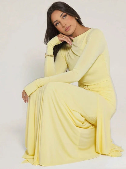Ruched Elegant Maxi Dress Women Daily Casual Fashion Skinny Full Sleeve Solid Gown Midnight Prom Party Long Bodycon