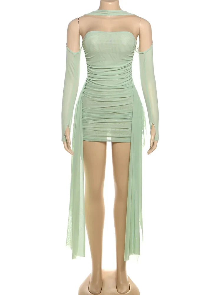 Summer Vacation Sexy See Through Dress+Shawl Women Ruched Side Ribbon Coquette Skinny Midnight Clubwear Party Bodycon