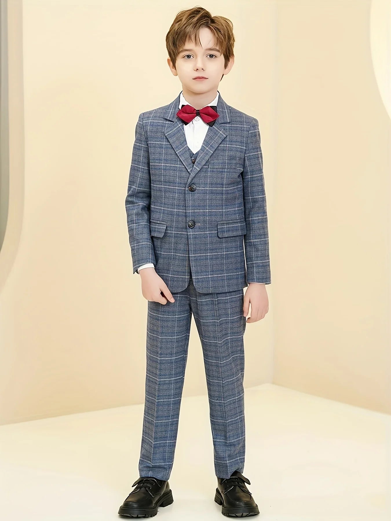 Boys Plaid Suit 3 Piece Jacket Vest Pants Wedding Birthday Party Ceremony Competition Size 4-16Y Teen Suit