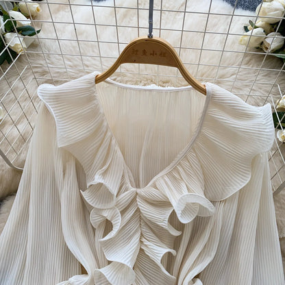 Ruffles Pleated Romantic Tops Thin Spring Summer V Neck French Elegant Blouse Fairycore Flowy Office Lady Luxury Shirt