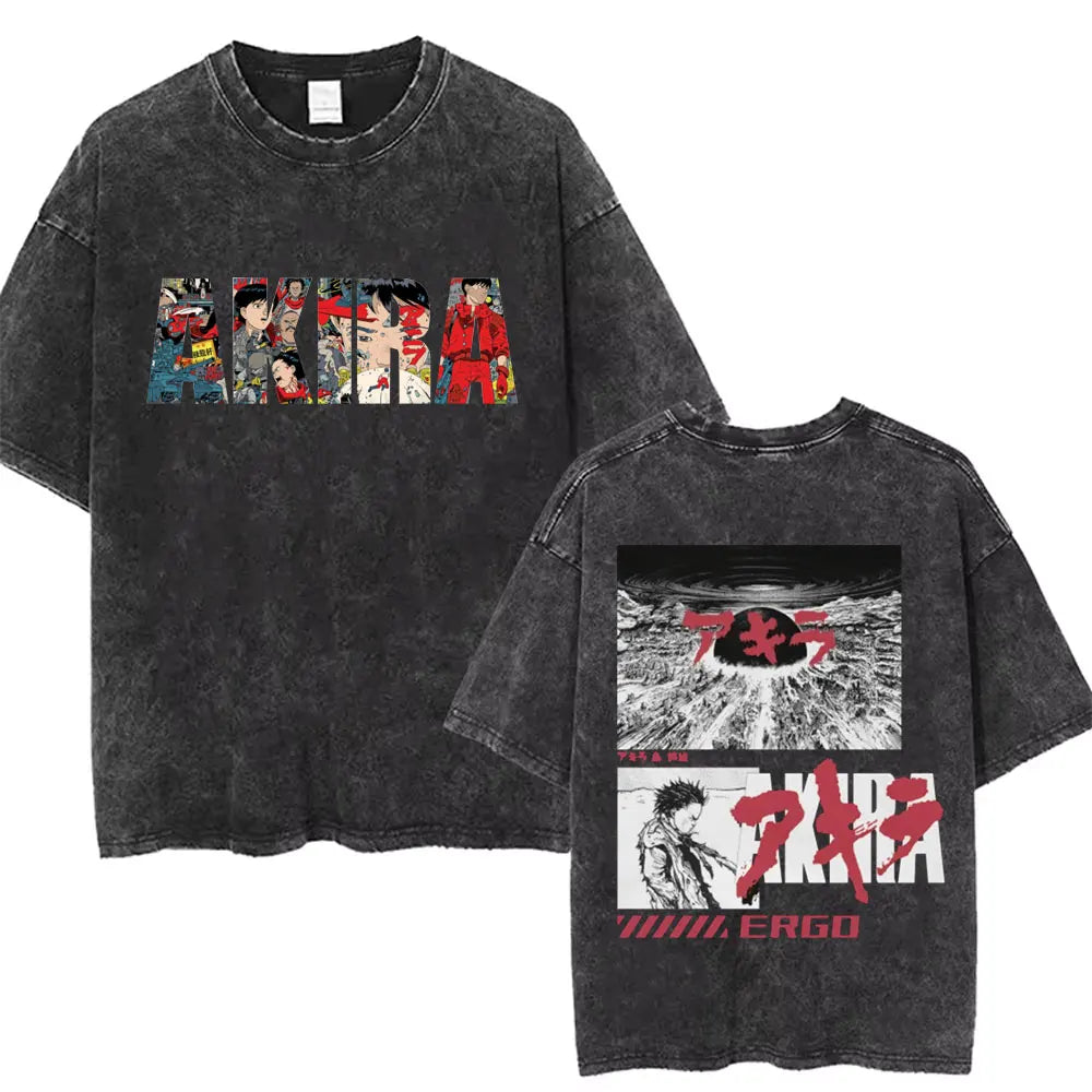 Washed Vintage Anime Akira T Shirts Japanese Science Fiction Cartoon Movie Shotaro Kaneda T-shirt Men's Manga Oversized T-shirts