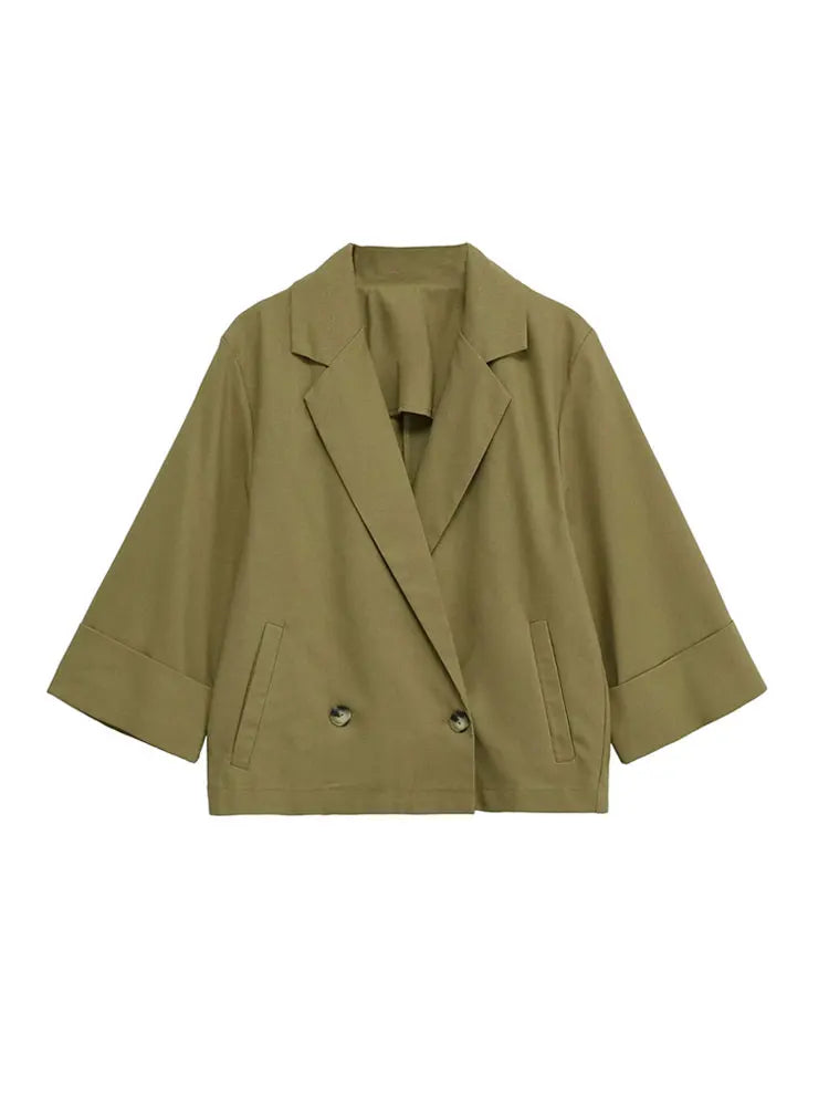 Women's Double-Breasted Loose Linen Blazer Coat Short Sleeve Pockets Chic Female Outerwear Top