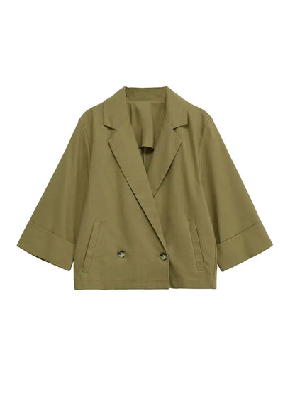 Women's Double-Breasted Loose Linen Blazer Coat Short Sleeve Pockets Chic Female Outerwear Top