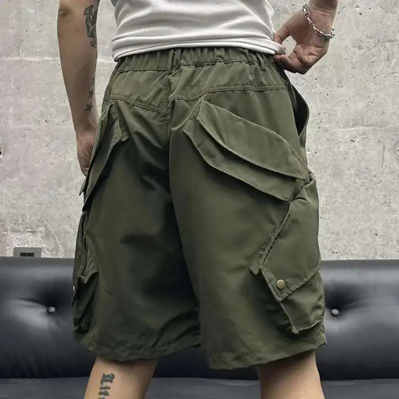 Summer New Men Tide High Street Drawstring Pocket Sports Casual Safari Style Shorts Loose Light Luxury Simple Capris HK4528