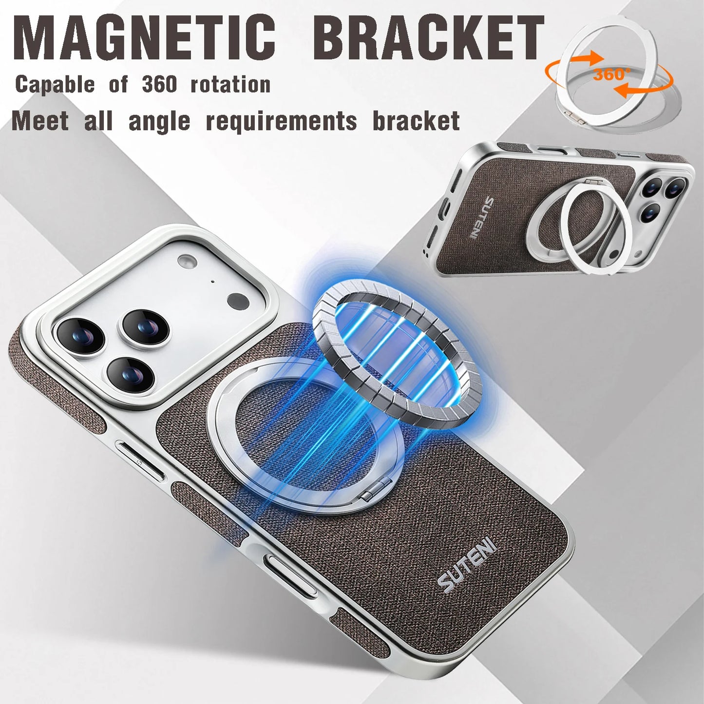 Faux Leather Magnet Wireless Charging Phone Case 360° Rotating Stand Ring Buckle Frosted Feel For iPhone 17 Pro Max 16 15
