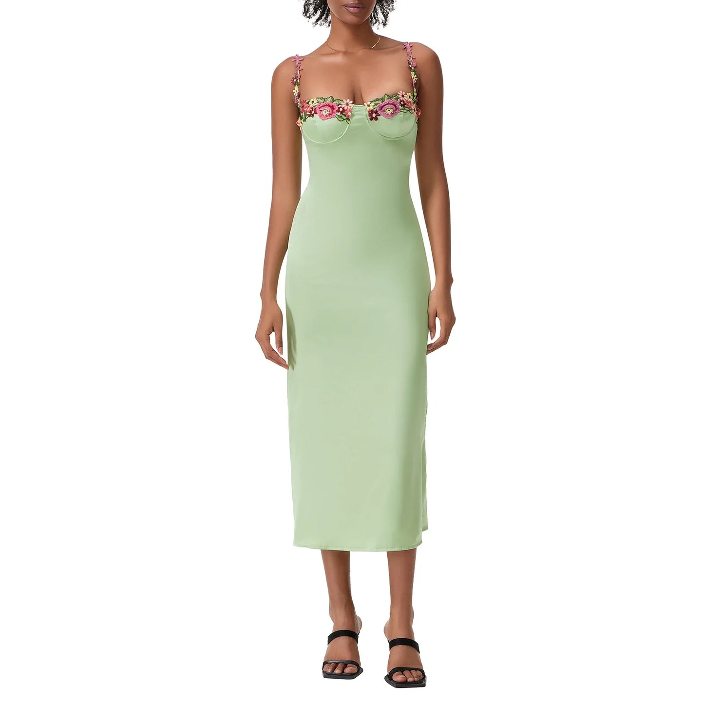 Satin Sling Bodycon Long Dress Women Flower Embroidery Sleeveless Spaghetti Strap Cocktail Dress Summer Party Club Skinny Dress