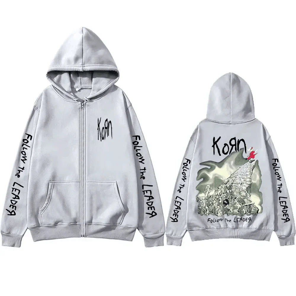 Rock Band Korn Follow The Leader Tour 2014 Zipper Hoodie Men Women Retro Gothic Metal Zip Up Jacket Casual Oversized Sweatshirts