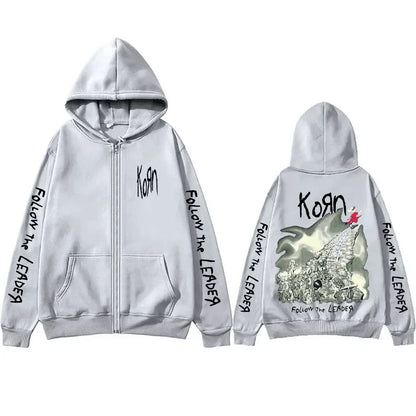 Rock Band Korn Follow The Leader Tour 2014 Zipper Hoodie Men Women Retro Gothic Metal Zip Up Jacket Casual Oversized Sweatshirts