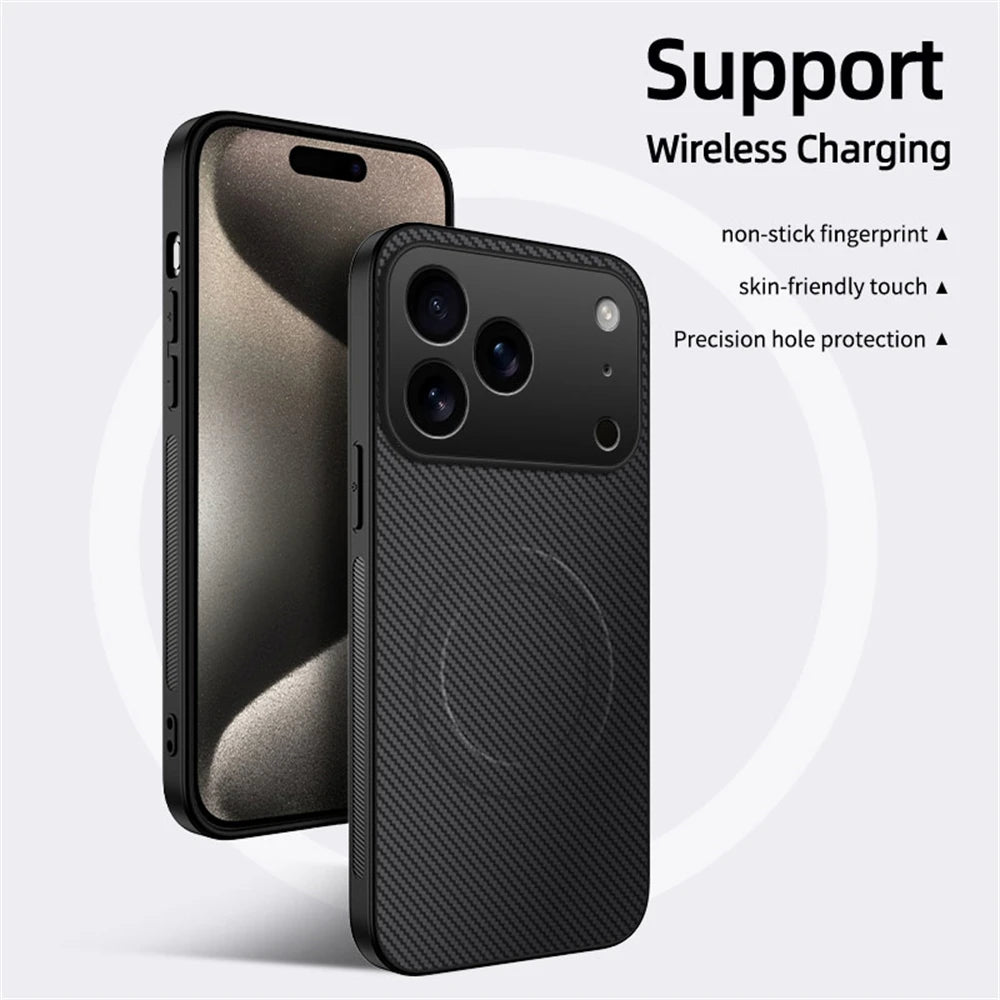 جراب جلد مغناطيسي رفيع للغاية من ألياف الكربون لهاتف iPhone 17 Air 16E 16 15 14 13 Pro Max مضاد للصدمات متوافق مع Magsafe غطاء حماية عسكري