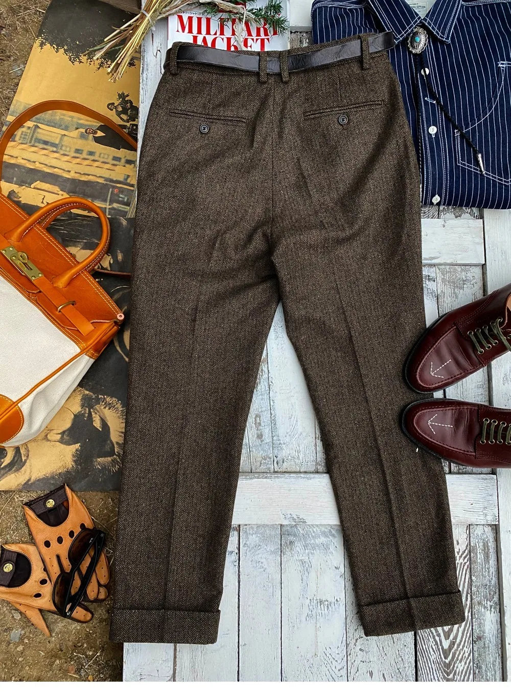 British-Style Vintage Wool Herringbone Pattern Men's Trousers, Large Size, Loose Straight-Leg Naples Men's Pants