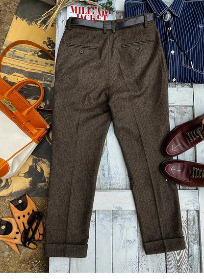 British-Style Vintage Wool Herringbone Pattern Men's Trousers, Large Size, Loose Straight-Leg Naples Men's Pants