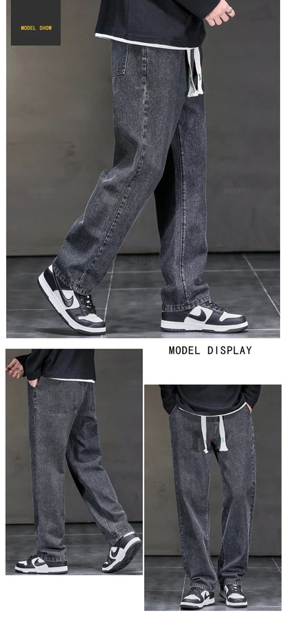 2025 New Autumn Winter Jeans Men Loose Straight Drawstring Elastic Waist Casual Denim Trousers Male Thick Pants Large Size M-5XL