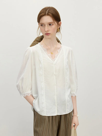 2025 Summer Women's Artisan Lace V-Neck Blouse - Navy Blue Romantic Design & Lightweight Chiffon for Chic Occasions