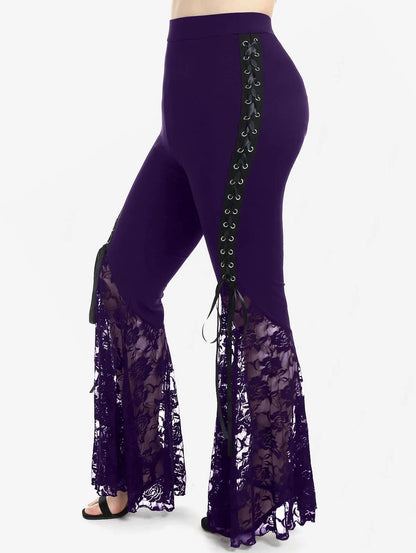 Plus Size Womens Pull On Flare Pants Gothic High Waist Overlength Lace Panel With Lace-up Pleated Trousers Skinny Pants