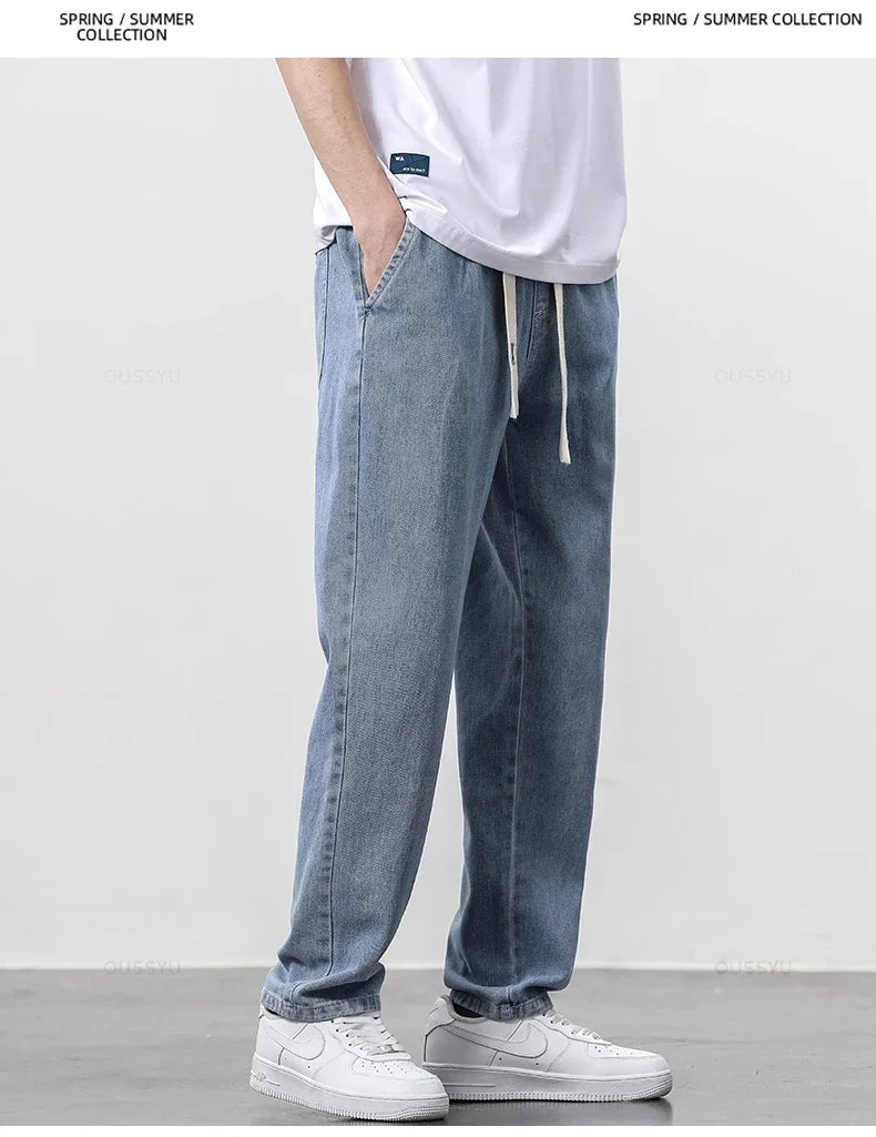 High Quality Fully Elastic Waist Men's Jeans Cotton Soft Drawstring Straight Pants Korea Casual Trousers Male Plus Size S-5XL
