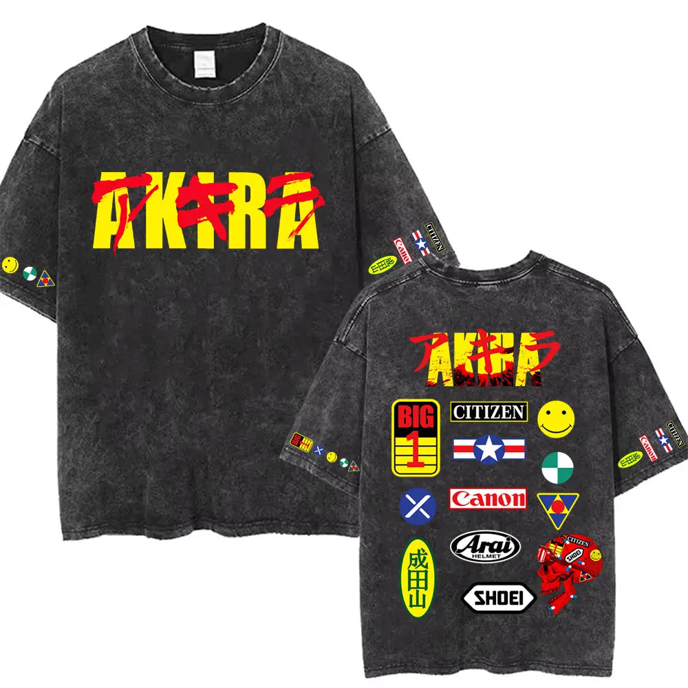 Washed Vintage Anime Akira T Shirts Japanese Science Fiction Cartoon Movie Shotaro Kaneda T-shirt Men's Manga Oversized T-shirts