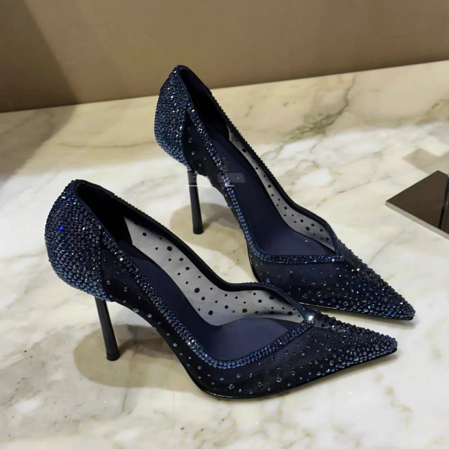 New mesh rhinestone pointed thin heel high heels for women, shallow mouth single shoes, sexy spicy sandals