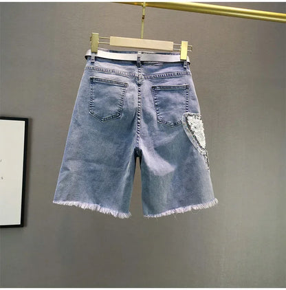 Ladies' Beaded and Sequined Denim Cropped Pants, New Summer Style, Raw-edge Straight-cut, Slim-fitting, Versatile Shorts