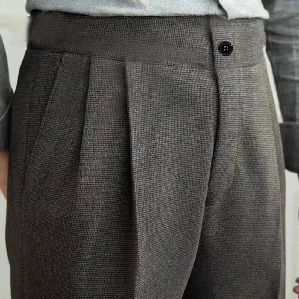 Italian Vintage Suit Pant For Men Autumn Winter Wool Herringbone Pattern Straight Trousers British Style Business Casual Pants