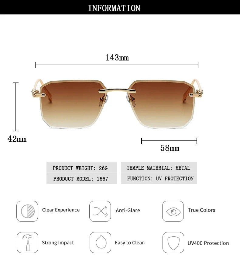 2024 Rimless Sunglasses Women Trendy  New Square Fashion Glasses Vintage Luxe Lentes De Sol Mujer Lunette Soleil Femme Okulary