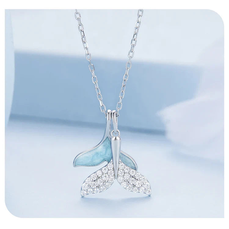 925 Sterling Silver Sky Blue Enamel Whale Tail Pendant Necklace Double Fish Tail Neck Chain for Women Fine Jewelry BSN294