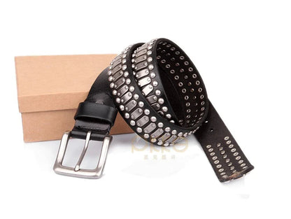 3.8CM Real Genuine Leather Belt Metal Pin Buckle Men Belt Male Wide Cowhide Hiphop Rock Rivet Belts for Men Ceinture Black