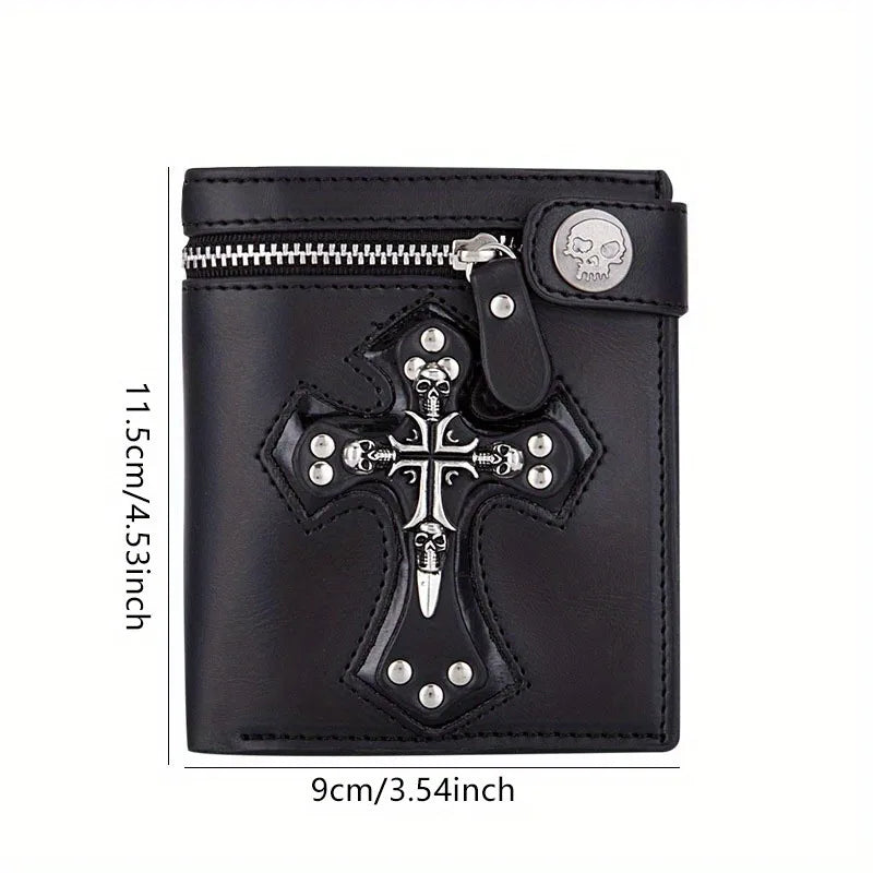 Sac à Main Rétro Punk Homme Nouveau 2025 Crâne Croix Portefeuille Pochette Chaîne Rivets Porte-cartes Vintage Rocker Multi-fonctions Mini Portefeuille