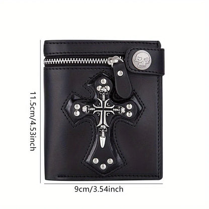 Sac à Main Rétro Punk Homme Nouveau 2025 Crâne Croix Portefeuille Pochette Chaîne Rivets Porte-cartes Vintage Rocker Multi-fonctions Mini Portefeuille