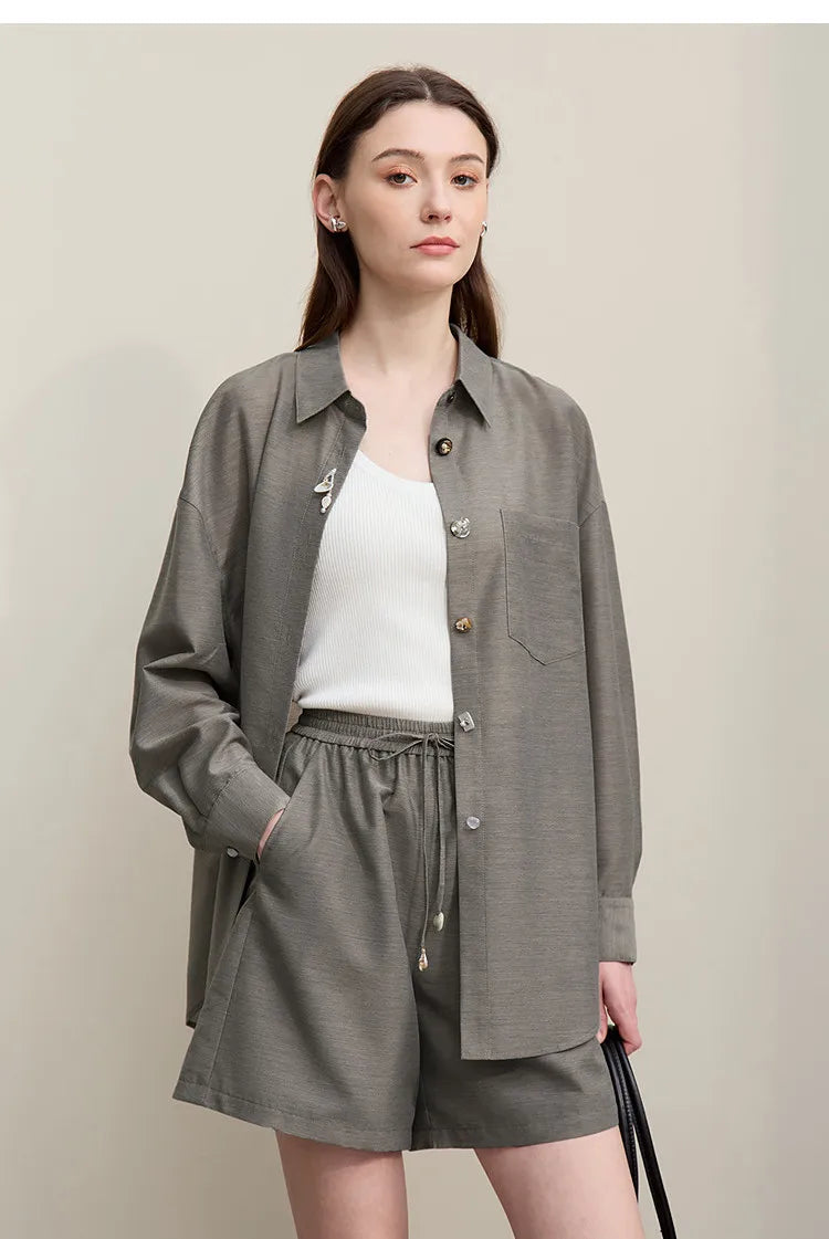 Women's Casual Shirts 2026 Summer New Holiday Style Separate Shorts Long Sleeve Top Single Loose Solid Shorts 12652027