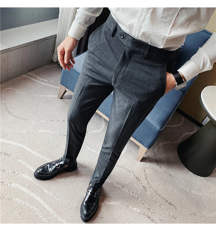 2026 High Quality Men's Plaid Striped Suit Pants Fashion Business Slim Fit Casual Straight Pants Formal Wedding Party Trousers