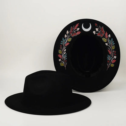 Witch Wide Brim Felt Fedora Hat Crescent Moon Butterfly Mushroom Floral Embroidery Gothic Black Wool Party Costume Hat for Women
