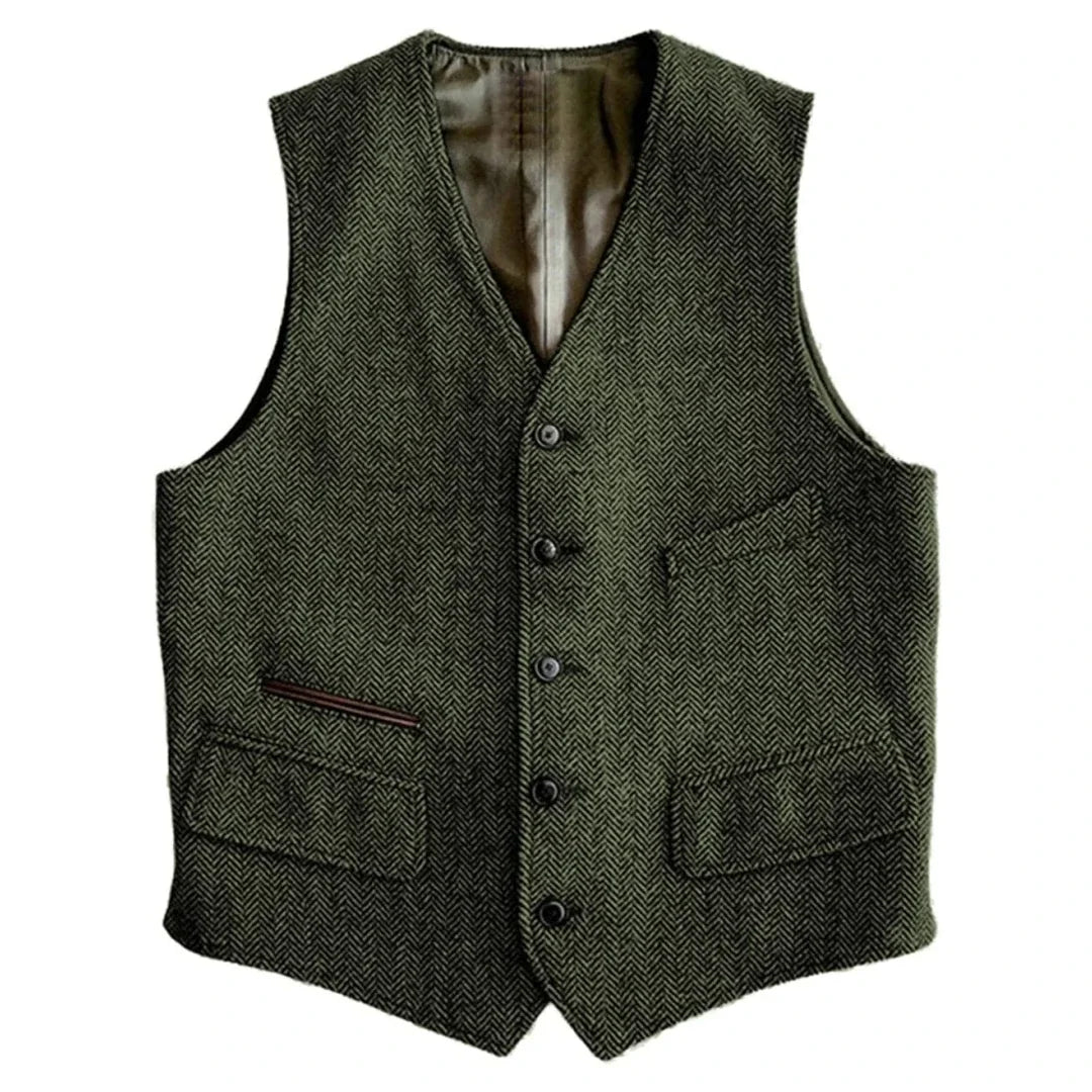 Men Vest Green Herringbone Single Button V Neck Waistcoat For Wedding Banquet Business Office Work Daily Casual Men Suit Vest