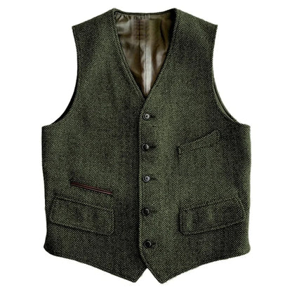 Men Vest Green Herringbone Single Button V Neck Waistcoat For Wedding Banquet Business Office Work Daily Casual Men Suit Vest