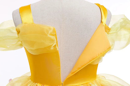 Beauty Belle Princess Cosplay Dress Girl Yellow Floral Off Shoulder Mesh Kid LED Light Halloween Costume Birthday Surprise Gift