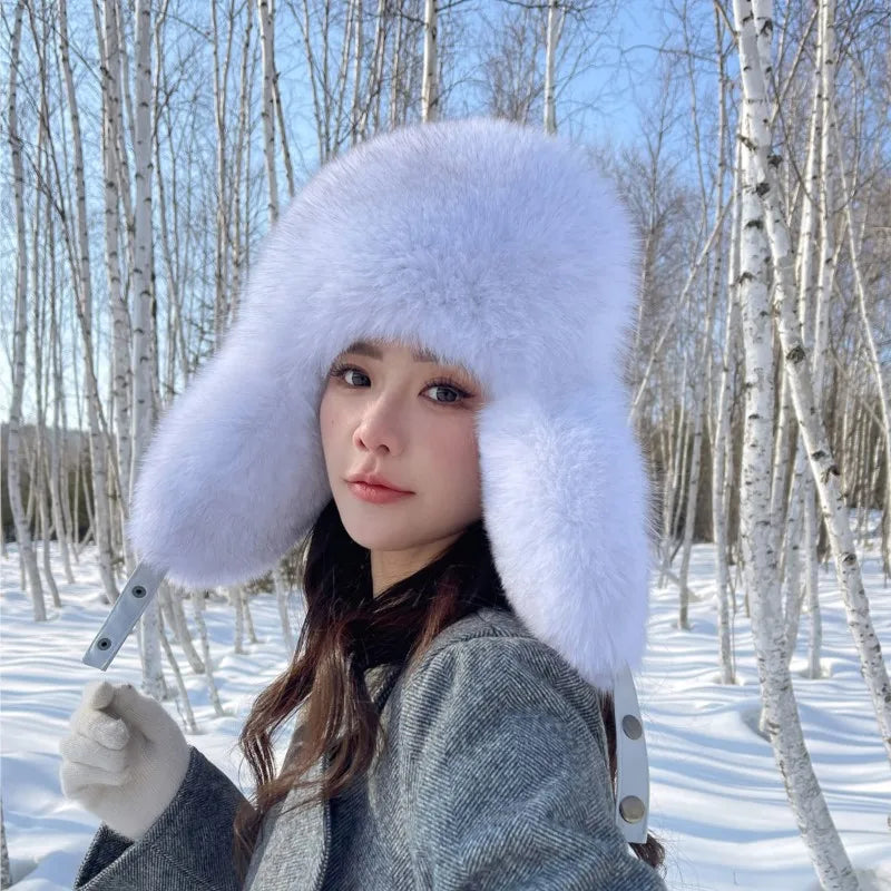 Winter Warm Real Fox Fur Hat Ear-Protecting Hats Women's Genuine Leather Windproof Fox Fur Bomber Hat Thickened Sheepskin Cap