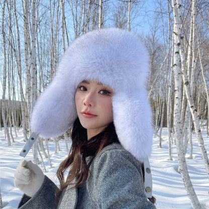Winter Warm Real Fox Fur Hat Ear-Protecting Hats Women's Genuine Leather Windproof Fox Fur Bomber Hat Thickened Sheepskin Cap