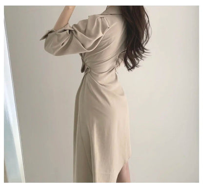 Early Autumn Shirt Dress Women's Mid-Length Asymmetrical Single-Button Notch Collar Slimming Style Commute Fashion
