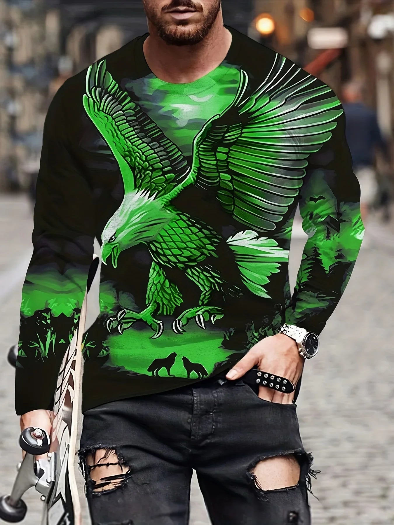 Fashion Eagle 3D Digital Printing Men's Casual Comfortable Long Sleeve T Shirt Fall Men's Patterned Clothing Tops Men's Gifts