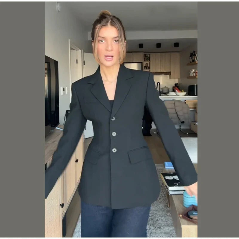 Casual Single-breasted Suit Jackets 2026 Spring New Female Elegant Lapel Full Sleeve Blazers Coat Women's Waist-cinching Outwear