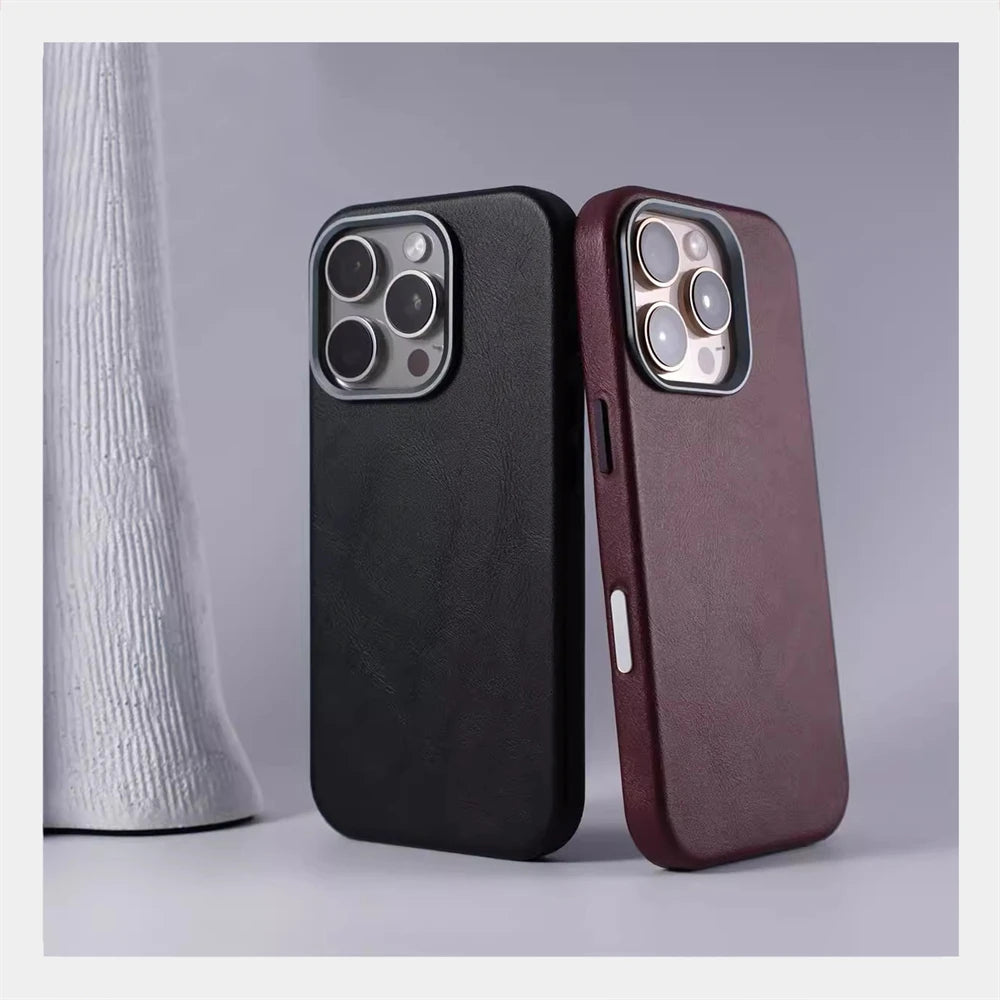 Luxury Business Retro Leather Magnetic Case For iPhone 17 Pro Max 16 Plus 15 14 13 MagSafe Alloy Lens Wireless Charging Cover