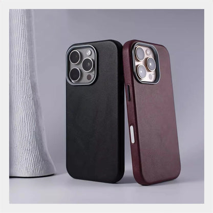 Luxury Business Retro Leather Magnetic Case For iPhone 17 Pro Max 16 Plus 15 14 13 MagSafe Alloy Lens Wireless Charging Cover