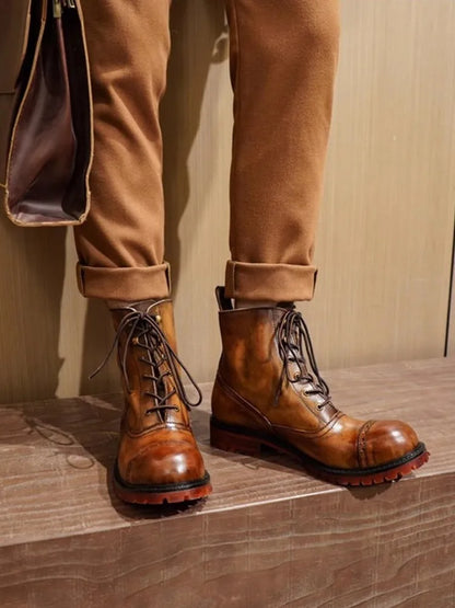 Vintage Mens Round Toe Lace Up High Top Work Safety Shoes Cowhide Genuine Leather Ankle Boots British Motorcycle Riding Boots 45