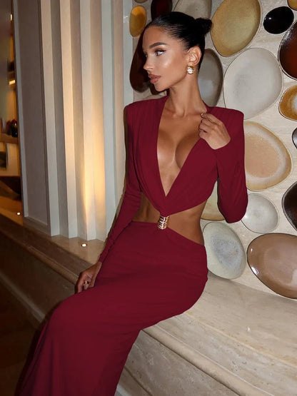 Sexy Waistless Long Dress Women Ruched Deep V-Neck Full Sleeve Metal Buckle Patchwork Prom Party Elegant Clothing